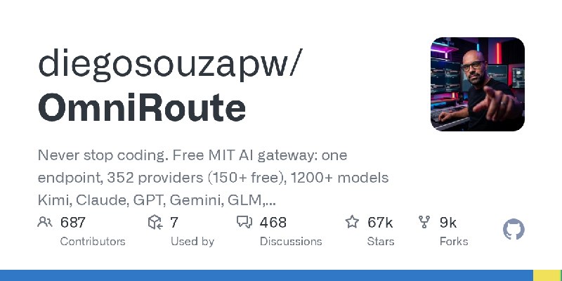 GitHub - diegosouzapw/OmniRoute: Never stop coding. Free MIT AI gateway: one endpoint, 352 providers (150+ free), 1200+ models…